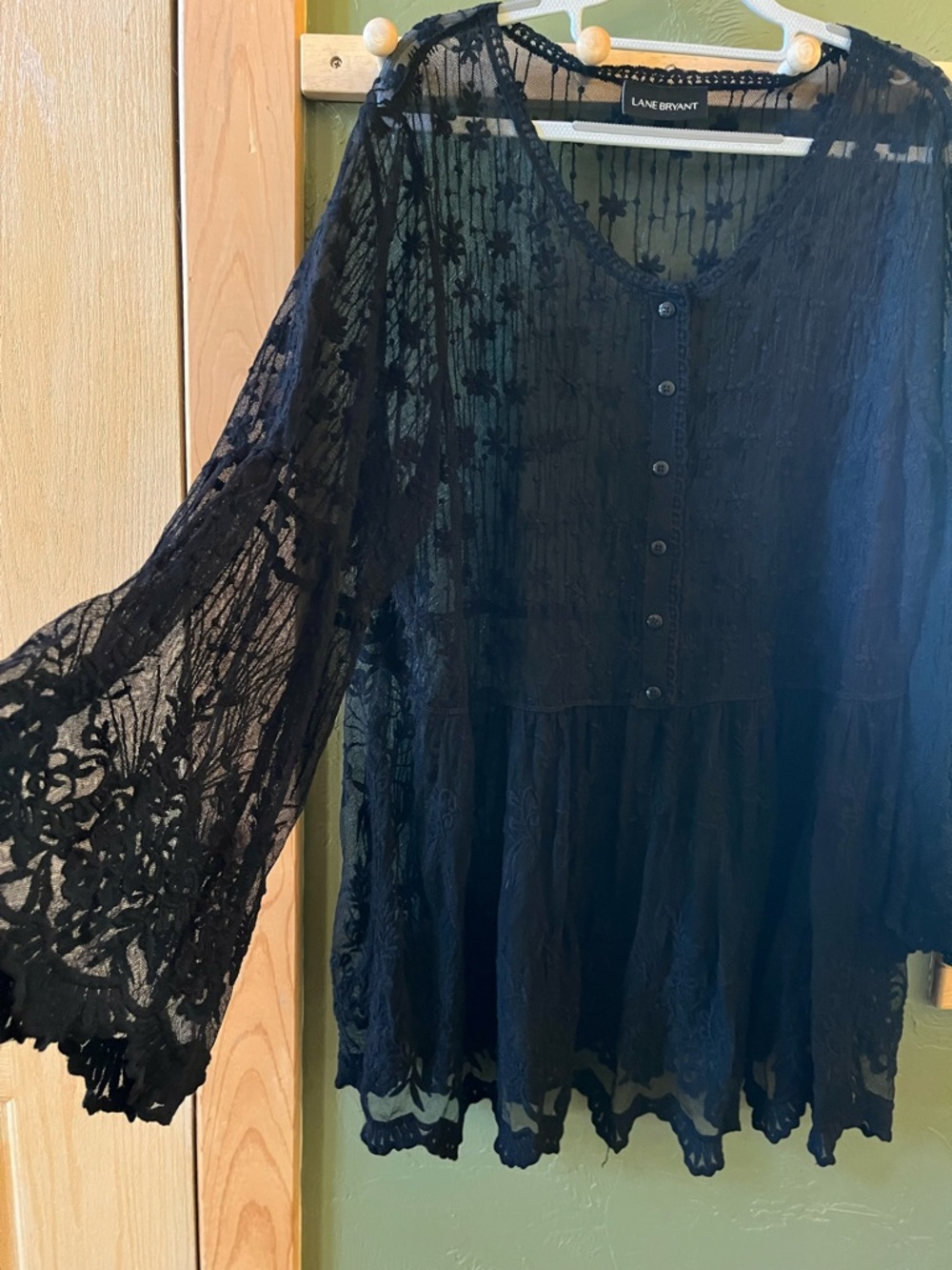 Lane Bryant Black Lace Button-Front Peasant Blouse